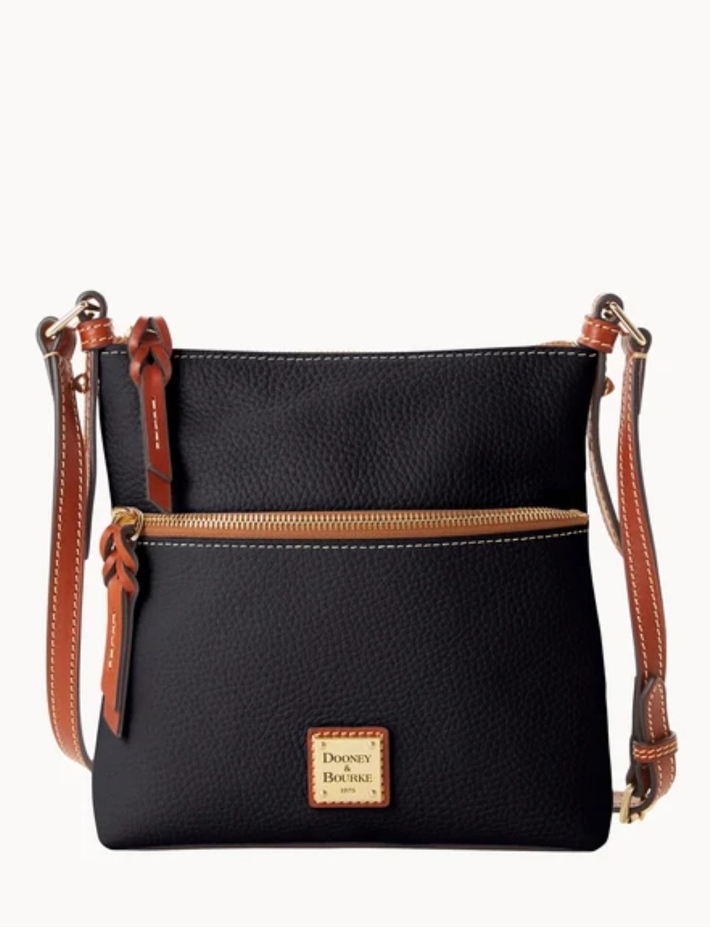 Dooney & Bourke black leather letter carrier crossbody purse, brown leather trim